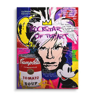 Pop Art Wandbild mit gezeichnetem Porträt, Campbell's Suppendose und Comic-Maus auf bunter Leinwand