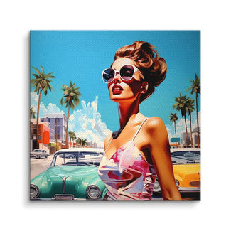 Pop Art Wandbild Frau mit Sonnenbrille, Oldtimer, Palmen und buntem Sommerhimmel