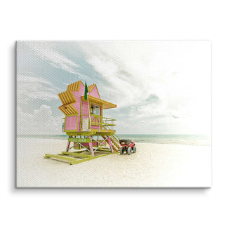 Vintage Wandbild mit pinkem Miami Beach Rettungsturm am Sandstrand mit Meerblick