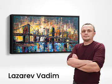 Artist Vadim Lazarev with oil paintings at ArtMind